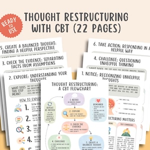 以下が含まれることがあります： Thought Restructuring with CBTというタイトルの22ページの印刷可能なドキュメント。中央のフローチャート、認知行動療法の番号付きステップ、脳、虫眼鏡、天秤などのカラフルなアイコンが白い紙に印刷されています。
