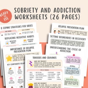 Sobriety & Addiction Recovery Worksheets (26 Pages) Relapse Prevention, Urge Surfing, Coping Strategies, Addiction Cycle, Sober Support
