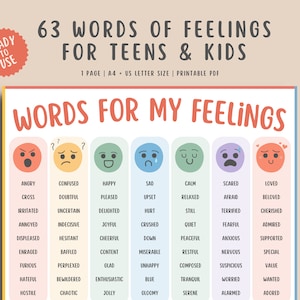 Words for my feelings poster handout, emotion chart kids teens, calming corner emotional regulation education school counselor therapy