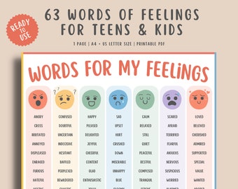 Words for my feelings poster handout, emotion chart kids teens, calming corner emotional regulation education school counselor therapy