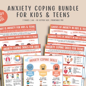Anxiety Coping Skills Bundle For Kids Teens (7 Pages), Mental Health Awareness Children Handouts, Grounding Techniques Calming Corner Poster