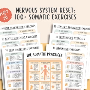 Op de afbeelding: Een verzameling informatiebladen getiteld Nervous System Reset: 100+ Somatic Exercises. De pagina's bevatten lijsten met oefeningen voor spierontspanning, zachte bewegingen, lichaamsbewustzijn, sensorische regulatie en ademhaling.