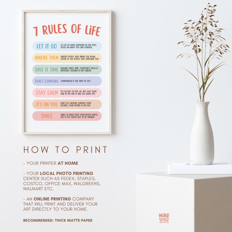 7 Rules of life poster, happy affirmations print, therapy office decor, motivation quote, feelings poster,life rules, social psychology, SEL image 5