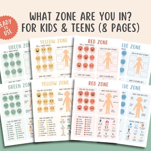 May include: A set of eight educational worksheets titled What Zone Are You In? For Kids & Teens. The pages feature color-coded sections for Green, Yellow, Red, and Blue zones, including illustrated facial expressions, body outlines, and checklists.