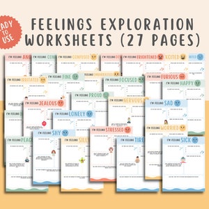 27 Feelings Exploration Worksheets for kids teens Emotions vocabulary social emotional learning calming corner Emotional Regulation therapy