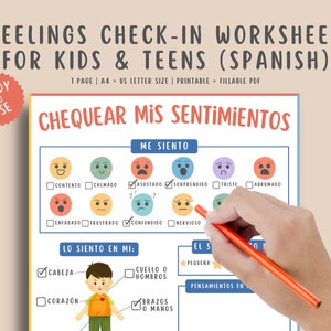 Feelings Check-In Spanish Worksheet for Kids & Teens, Emotional Regulation, SEL Child Therapy, Coping skills fillable PDF, school counselor
