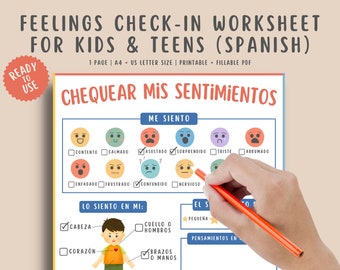 Feelings Check-In Spanish Worksheet for Kids & Teens, Emotional Regulation, SEL Child Therapy, Coping skills fillable PDF, school counselor