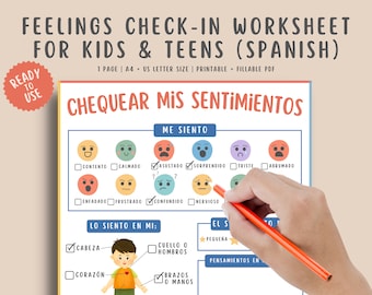 Feelings Check-In Spanish Worksheet for Kids & Teens, Emotional Regulation, SEL Child Therapy, Coping skills fillable PDF, school counselor