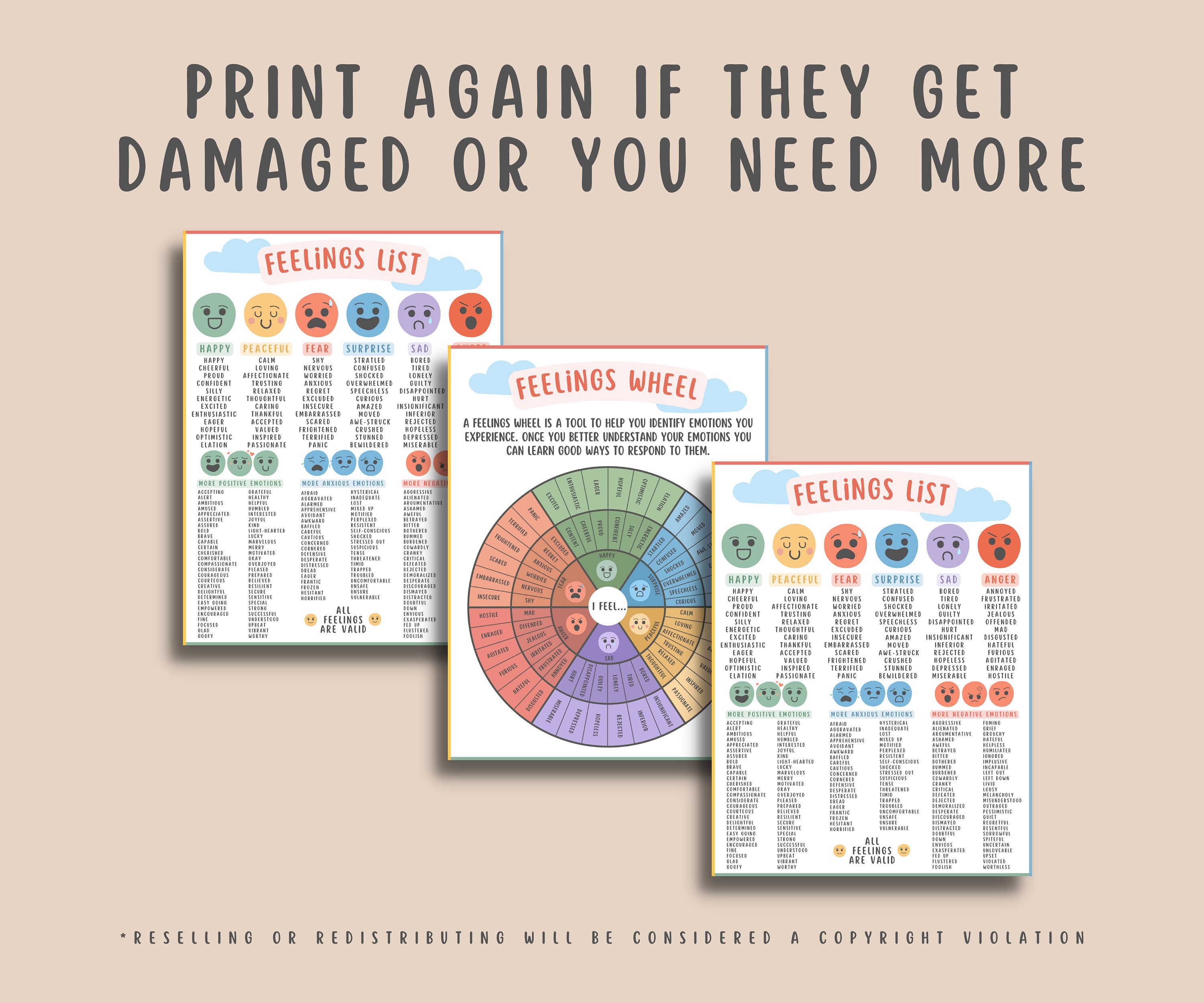 Feelings Wheel + Feelings List Handout for Teens Kids (2 Pages ...