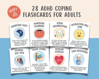 28 ADHD Coping Skills Flashcards for Adults, Attention Deficit Hyper Activity Disorder Grounding Techniques, Emotional Regulation Calming