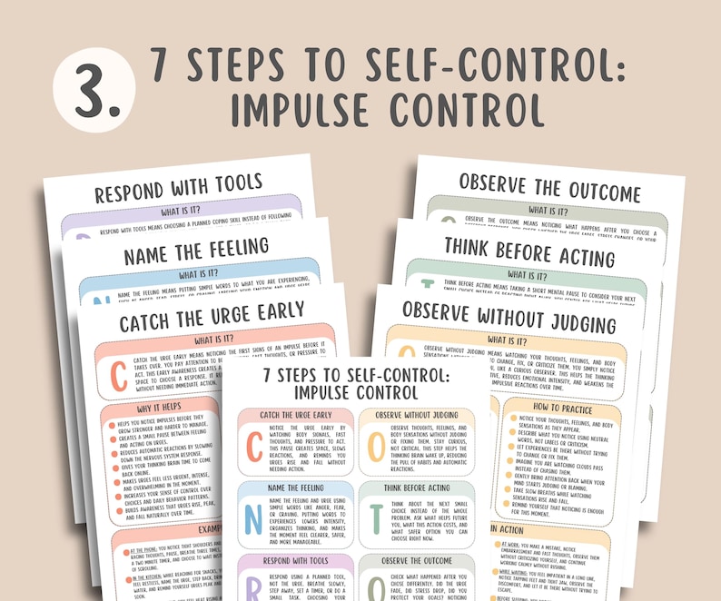 Impulse Control Bundle, Self Regulation, CBT Skills, Emotional Regulation Tool, Reacting vs Responding, Surfing the Urge, Impulsivity Scale
