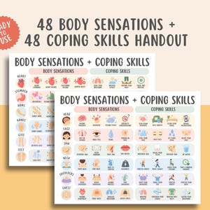 May include: Two white handouts titled 48 Body Sensations + 48 Coping Skills. The charts feature colourful icons and text labels categorising physical sensations like racing heart or tight jaw alongside corresponding coping strategies for each area.