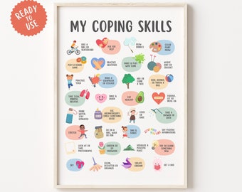 32 Coping Skills Poster for Teens & Kids, Grounding Strategies for Children, Calming Techniques Poster, Mental Health Therapy Counseling