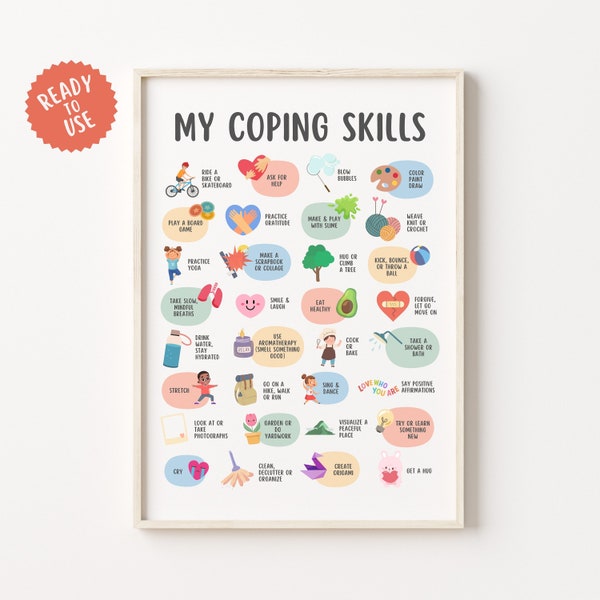 32 Coping Skills Poster for Teens & Kids, Grounding Strategies for Children, Calming Techniques Poster, Mental Health Therapy Counseling