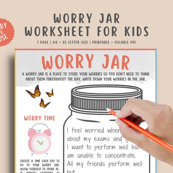 Worry Jar Worksheet for Kids Children - Therapy Counseling Treatment for Teens - Fillable Printable PDF Anxiety Activity for Adolescents