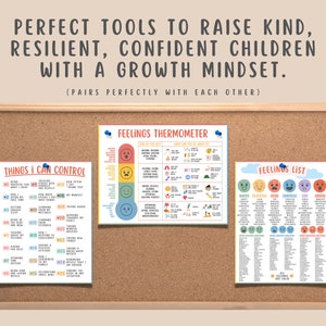 May include: Three printable charts on a corkboard, titled "Things I Can Control", "Feelings Thermometer", and "Feelings List". The charts are designed to help children learn about emotions and coping mechanisms.
