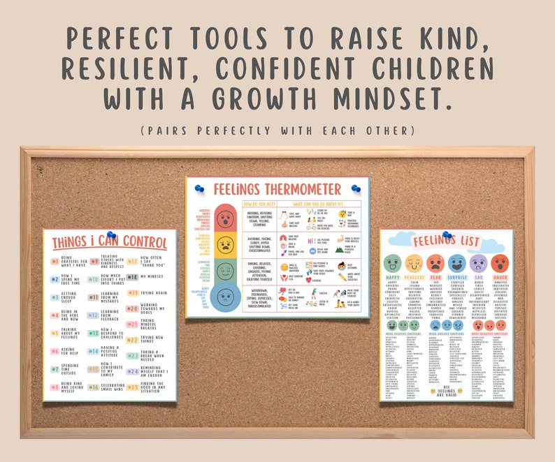 May include: Three printable charts on a corkboard, titled "Things I Can Control", "Feelings Thermometer", and "Feelings List". The charts are designed to help children learn about emotions and coping mechanisms.