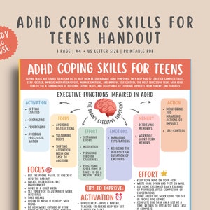 ADHD Coping Skills for Teens Handout, Executive Function Skills Printable, Attention Deficit Hyper Activity Disorder Grounding Techniques