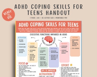 ADHD Coping Skills for Teens Handout, Executive Function Skills Printable, Attention Deficit Hyper Activity Disorder Grounding Techniques