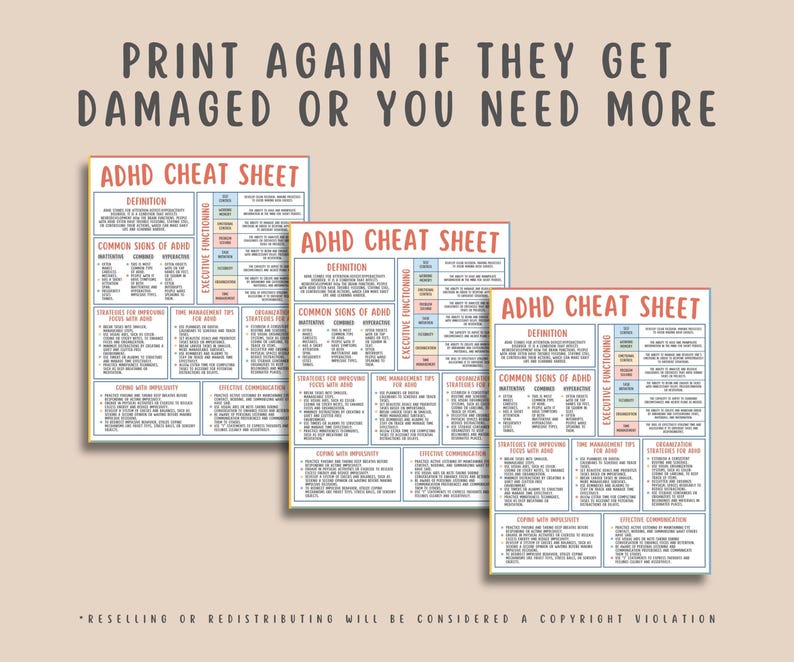 ADHD Cheat Sheet, Attention Deficit Hyperactivity Disorder Resources Tools, Executive Functioning Strategies, Time Management Organization