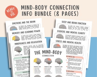 Mind Body Connection Info Sheets (8 Pages), Emotional Wellness Guide, Psychology Printable, CBT, Mental Health Healing Therapy Worksheets