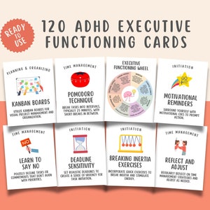 May include: A set of 120 ADHD Executive Functioning Cards. The cards feature colorful illustrations and text on topics like time management, planning, and motivation. The cards are designed to help with organization and task initiation.