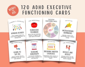 120 ADHD Executive Functioning Strategies Flashcards, Executive Functioning Wheel Kids Adults, Self Regulation, Mental Health Coping Skills