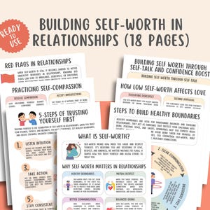 Puede incluir: Un conjunto de hojas de trabajo imprimibles con el título "Building Self-Worth in Relationships (18 Pages)". Las hojas de trabajo cubren temas como banderas rojas, autocompasión y la construcción de límites saludables. El diseño utiliza colores pastel suaves.