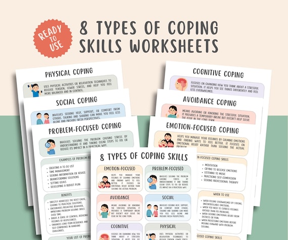 8 Types of Coping Skills Worksheets, Emotional Regulation, Depression and Anxiety Relief, Self-Care, PTSD, Grounding Strategy Mental Health