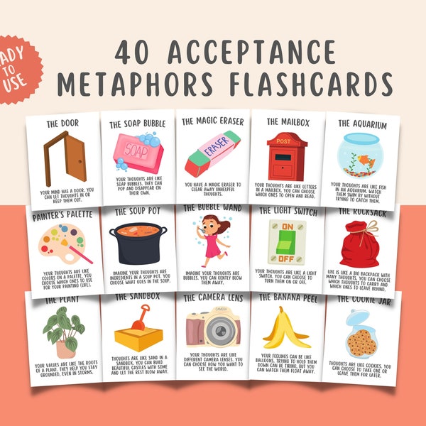 40 Acceptance Commitment Therapy Metaphor Cards, ACT Flashcards, ACT Psychological Flexibility, Cognitive Restructuring, Calm Down Corner