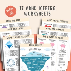 17 ADHD-ijsberg-werkbladen, aandachtstekortstoornis met hyperactiviteit Omgaan met depressie Angst Schaamte, therapieadviseur in de geestelijke gezondheidszorg