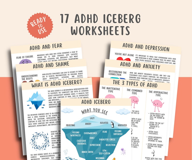 17 ADHD Iceberg Worksheets, Attention Deficit Hyperactivity Disorder Coping Depression Anxiety Shame, Mental Health Therapy Counselor