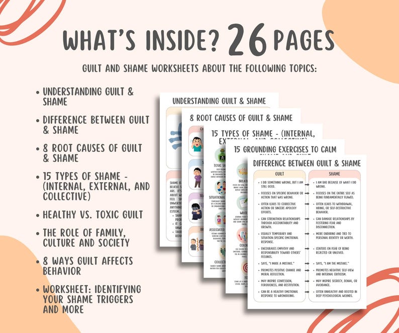 Guilt and Shame Worksheets (26 Pages), The Shame Spiral, Inner Child Healing Workbook, Trauma Recovery Journal, Self-Therapy Mental Health