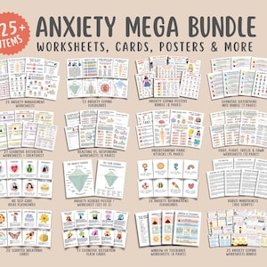 Megabundel angst, (525+ items) Coping-vaardigheden Posters Flashcards-werkbladen, cognitieve vervorming, begeleide en aandachtige ademhalingsoefeningen