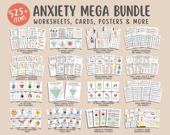 Anxiety Mega Bundle, (525+ Items) Coping Skills Posters Flashcards Worksheets, Cognitive Distortion, Guided Mindful Breathing Exercises