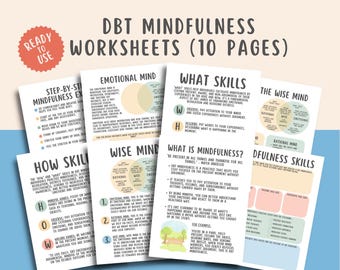 10 DBT Mindfulness Worksheets, Dialectical Behavior Therapy Coping Skill Journal, Mental Health Workbook, Wise Mind, Psychotherapy Tools