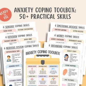 May include: Anxiety Coping Toolbox educational printables featuring 50+ practical skills. The pages include sections for sensory, emotional release, defusion, worry, nervous system, and grounding coping skills with text and illustrations on a light background.
