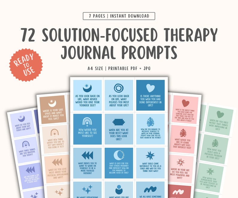 Solution Focused Therapy Journal Prompts, SFBT Worksheets for