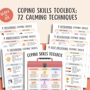 Può includere: Un set di schede stampate intitolate Coping Skills Toolbox: 72 Calming Techniques. Le schede presentano sezioni color pastello con illustrazioni e testo che descrivono vari metodi per il movimento, la consapevolezza, il radicamento e il rilassamento.