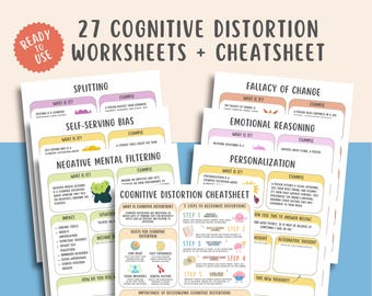 27 Cognitive Distortion Worksheets Cheatsheet, Thinking Errors, Unhelpful Thinking Patterns, Anxiety Tool Coping Skill, School Counselor PDF