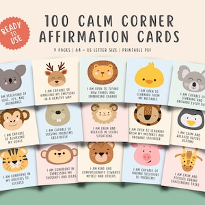 100 Positive Affirmation Calm Down Corner Cards for Kids Teens, Coping Skills Grounding Technique, Therapy Tools, Classroom Montessori Decor