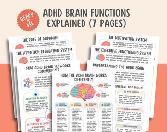May include: A seven-page educational document titled ADHD Brain Functions Explained. The pages feature text and illustrations explaining brain networks, dopamine, motivation, and executive functioning, with a central diagram of a human brain.