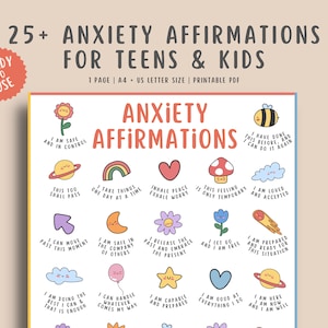 25 Anxiety Affirmations for Kids Teens, Stress Coping Print, Mental Health Statements for Anxious Children, Behavior Management Techniques