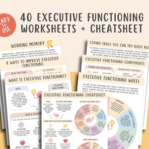 May include: A set of 40 printable worksheets and a cheat sheet to help improve executive functioning skills. The worksheets feature colorful illustrations and text, including the words "Executive Functioning", "ADHD", and "Coping Skills".
