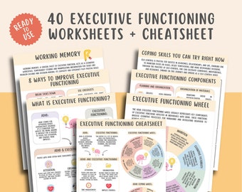 40 hojas de trabajo de funcionamiento ejecutivo para TDAH, estrategias, gestión del tiempo, rueda de funcionamiento ejecutivo, organización, habilidades de afrontamiento, autorregulación