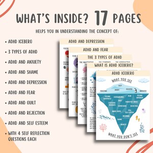 17 ADHD Iceberg Worksheets, Attention Deficit Hyperactivity Disorder Coping Depression Anxiety Shame, Mental Health Therapy Counselor