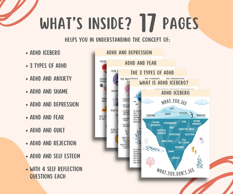 17 ADHD Iceberg Worksheets, Attention Deficit Hyperactivity Disorder Coping Depression Anxiety Shame, Mental Health Therapy Counselor