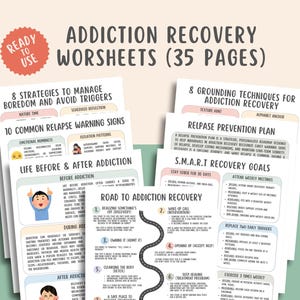 May include: A stack of printable addiction recovery worksheets with titles like "8 Strategies to Manage Boredom" and "Relapse Prevention Plan." The worksheets are designed to help individuals in recovery.
