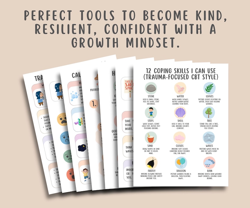 Trauma Focused Worksheets + Cheatsheet for Kids (26 Pages), Unhelpful Thoughts, Emotional Regulation, CBT Coping Skills, Child Counseling