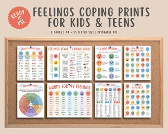 8 Feelings Emotions Coping Prints Bundle for Teens Kids, Feelings Scale List Social Emotional Learning Posters Wheel Chart Printable PDF